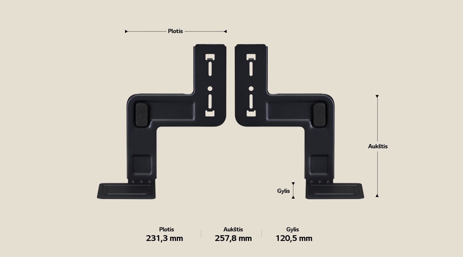 Du WOW Bracket komponentai, išdėstyti vertikaliai smėlio spalvos fone. Plotis, aukštis ir gylis žymimi ir rodomi rodyklėmis. Apačioje nurodyta specifikacija: Plotis – 231,3 mm, aukštis – 257,8 mm, gylis – 120,5 mm.