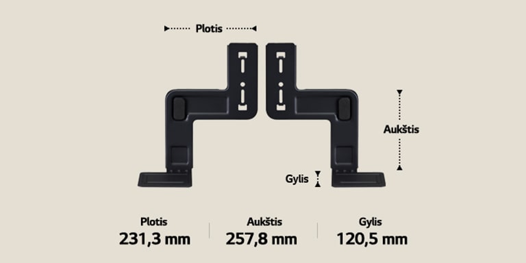 Du WOW Bracket komponentai, išdėstyti vertikaliai smėlio spalvos fone. Plotis, aukštis ir gylis žymimi ir rodomi rodyklėmis. Apačioje nurodyta specifikacija: Plotis – 231,3 mm, aukštis – 257,8 mm, gylis – 120,5 mm.