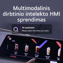 Vartotojas sąveikauja su jutikliniu ekranu, kurį palaiko multimodalinis dirbtinio intelekto HMI sprendimas, renkasi kavos meniu su dirbtinio intelekto asistento raginimu