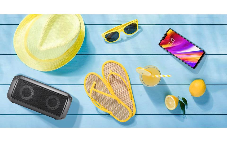 The summer holiday items with LG portable speaker PK3, and LG G7 ThinQ