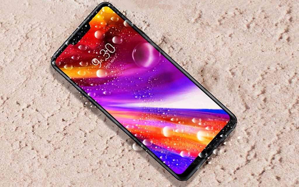 The front image of LG G7 ThinQ mobile showing water resistant feature.