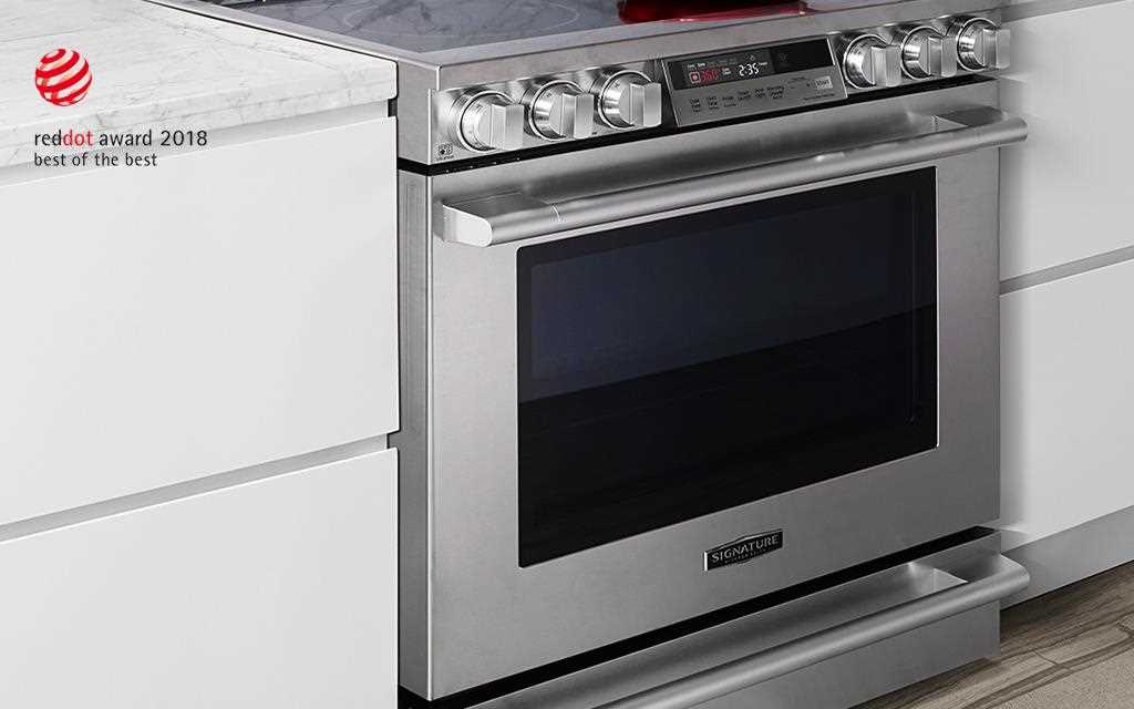 A close up image of lg signature kitchen suite dual fuel pro range. 