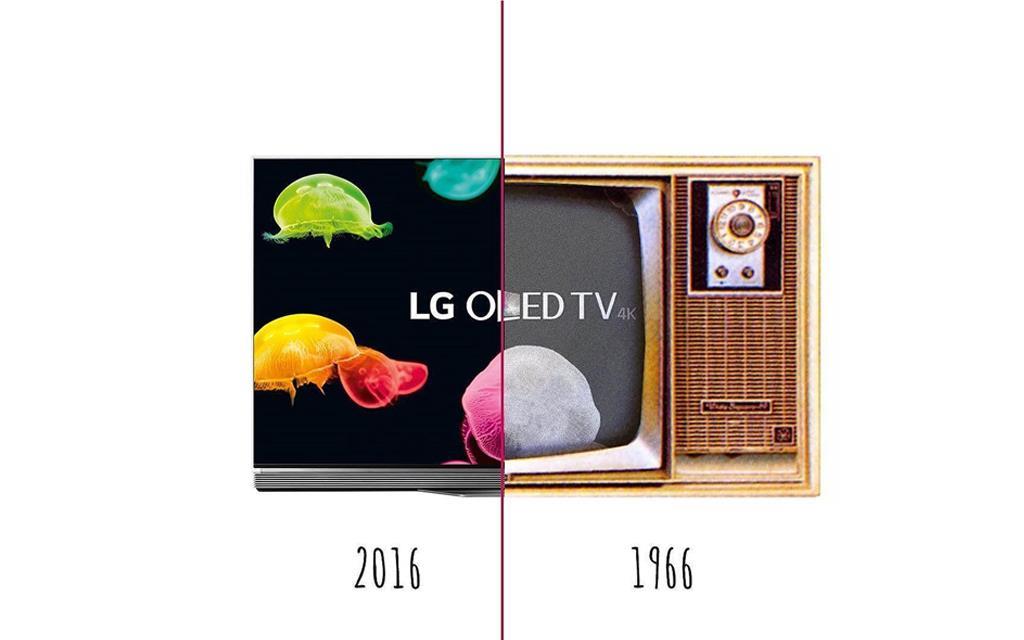 An image of LG TV half in modern OLED TV and the other half in old TV from 1966