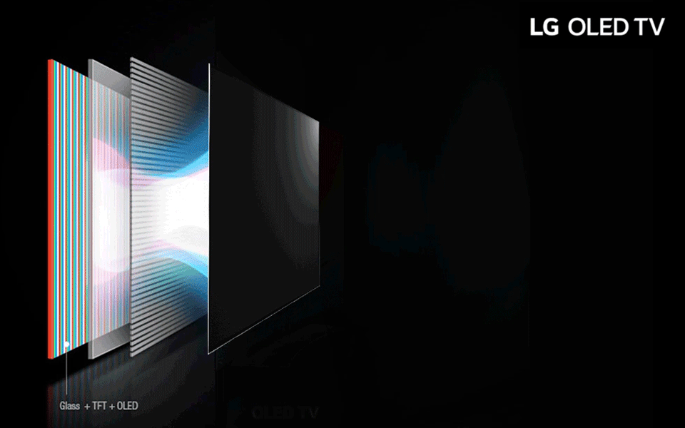 LG OLED televizoriams nereikia foninio apšvietimo.