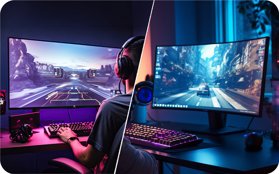Žmogus su ausinėmis yra sutelkęs dėmesį į vaizdo žaidimą savo 4k kompiuterio monitoriuje ir pasinerdamas į žaidimų patirtį.