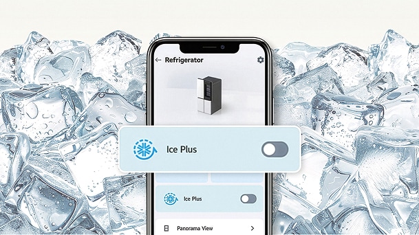 LG Ice Plus funkcijas pārslēgs, kas redzams viedtālruņa ekrānā, parādot ledusskapja attēlu, ar ledus kubiņiem fonā.
