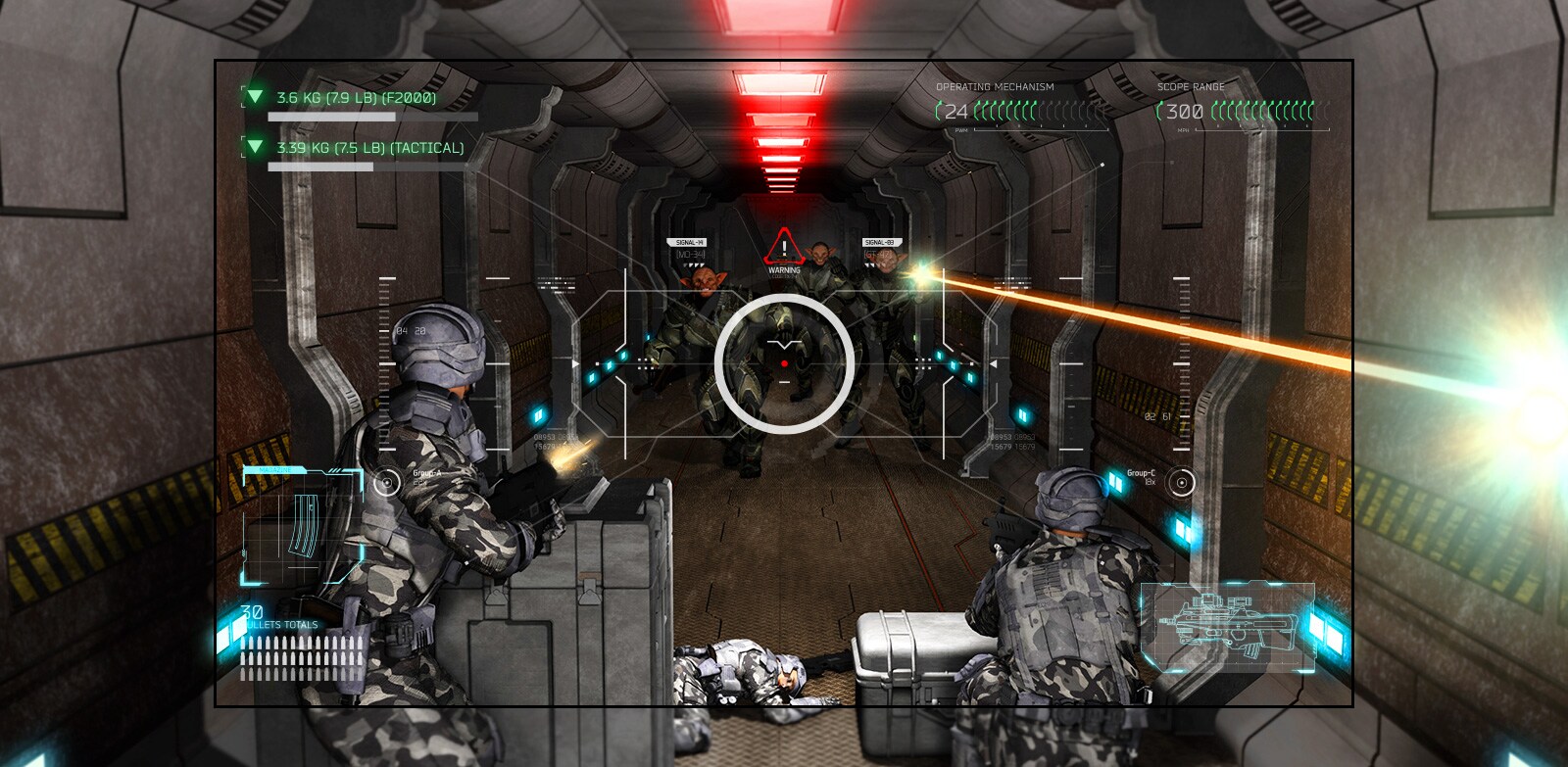 Televizorā redzama aina no šaušanas spēles, kurā spēlētājam uzbrūk citplanētieši ar ieročiem.