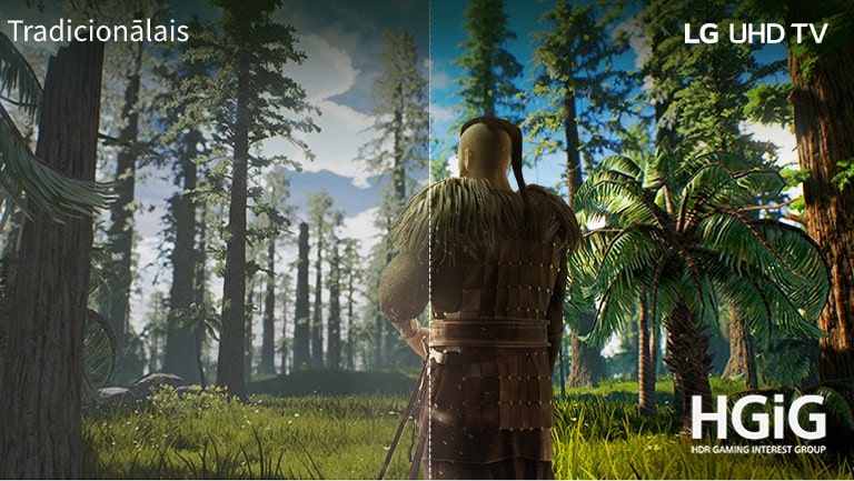 Televizora ekrānā redzama spēles aina, kurā cilvēks stāv meža vidū. Puse attēlota uz tradicionālā ekrāna ar zemu attēla kvalitāti. Otra puse attēlota LG UHD televizorā ar skaidru un košu attēlu.