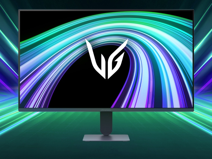 UltraGear™ 27g411b spēļu monitora priekšpuses attēls futūristiskā, neona apgaismotā telpā.