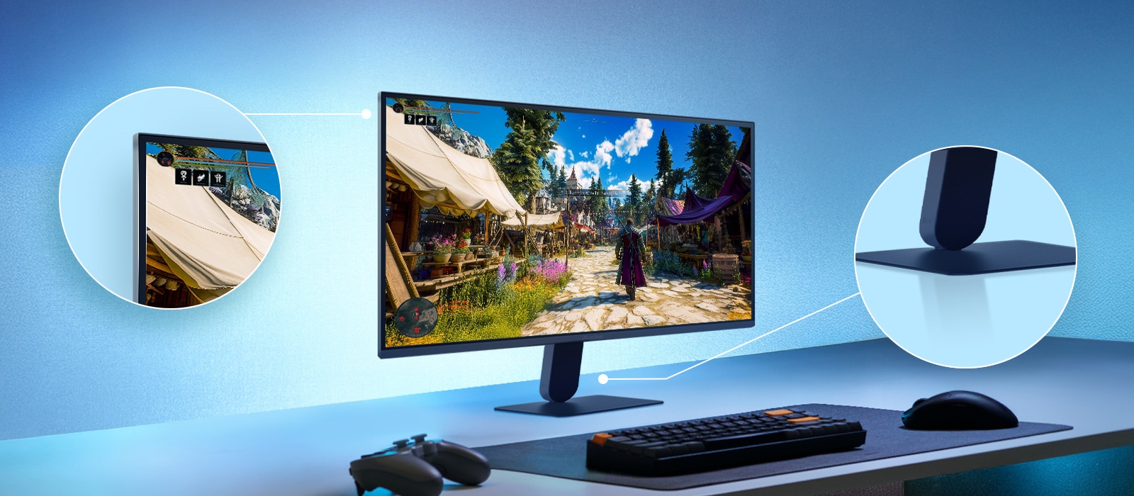 Šajā attēlā redzams UltraGear™ spēļu monitors uz galda, kurā attēlota spēles aina ar tuvplāniem, kas uzsver displeja dizainu bez malām un eleganto peldošo statīvu.