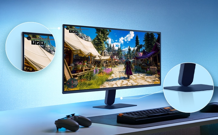 Šajā attēlā redzams UltraGear™ spēļu monitors uz galda, kurā attēlota spēles aina ar tuvplāniem, kas uzsver displeja dizainu bez malām un eleganto peldošo statīvu.