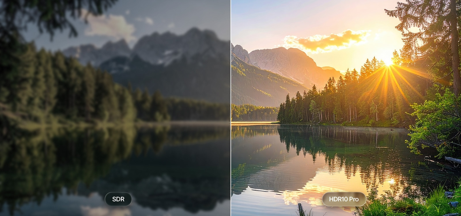 LG SMART TV AI LB70 FHD TV izceļ HDR10 Pro, izmantojot sadalītu attēlu ar ezeru un kalniem, salīdzinot SDR ar HDR10 Pro, lai atklātu spilgtākus izgaismojumus, dziļākas ēnas un precīzāku kontrastu.