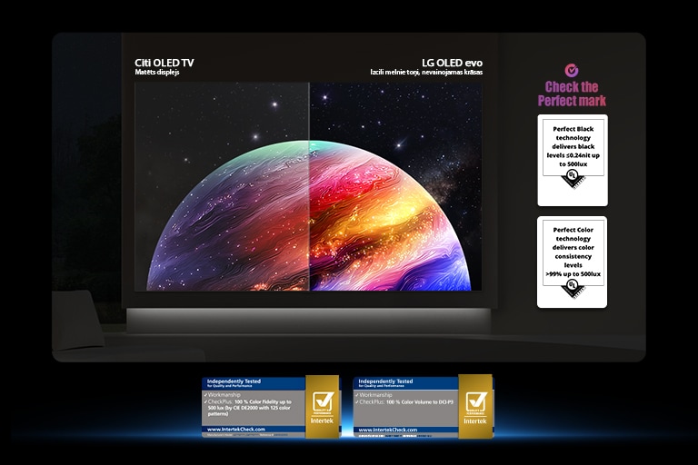LG OLED evo AI G6 rāda dalīta ekrāna planētas un zvaigžņu ainu, salīdzinot citu OLED TV matēto displeju ar tā Perfect Black un Perfect Color displeju skaidrākai attēla kvalitātei jebkurā apgaismojumā, ko apliecina UL sertifikācija un Intertek sertifikācijas krāsu precizitātei un pretatspīdumam.