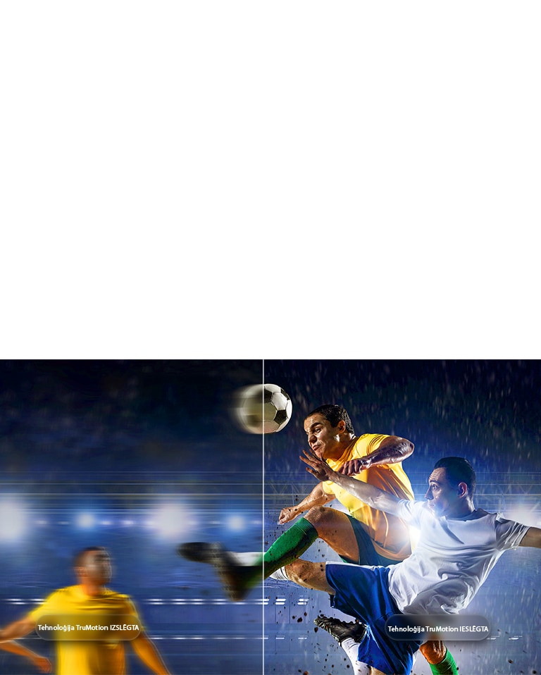LG OLED evo AI G6 ar TruMotion izceļ kustību izlīdzināšanu sadalītā ekrāna futbola ainā, kontrastējot izplūdušu darbību ar izslēgtu TruMotion un asas, skaidras kustības ar ieslēgtu TruMotion, lai uzsvērtu skaidrību ātras darbības sporta spēlēs.