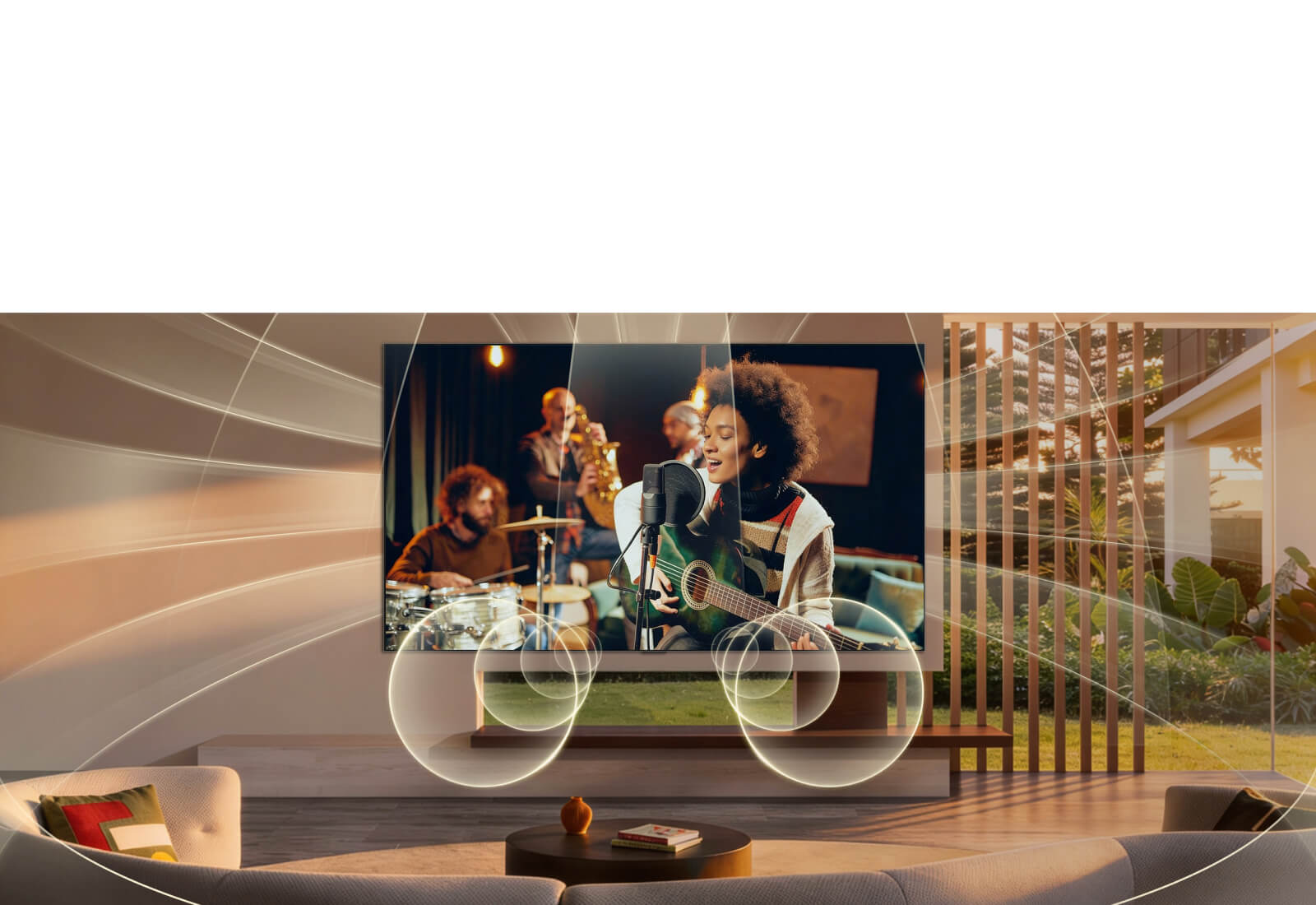 LG OLED evo AI G6 ar Virtual 11.1.2 ch piepilda viesistabu, ekrānā notiek dzīvās mūzikas priekšnesums, nodrošinot daudzvirzienu audio, kas ieskauj telpu un pastiprina aizrautību visā telpā.