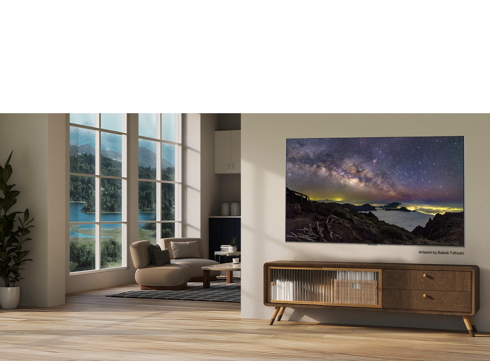 LG OLED evo AI G6 ar LG Gallery+, piedāvājot daudzveidīgu mākslas saturu, rāda Babaka Tafrešī nakts debesu ainavu mūsdienīgā dzīvojamā telpā kā daļu no TV saskarnē piedāvātās izsmalcinātās mākslas pieredzes.