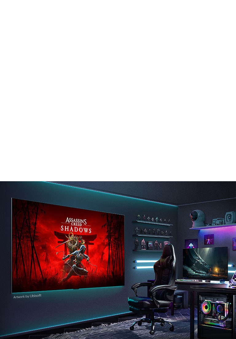 LG OLED evo AI G6 ar LG Gallery+ rāda Ubisoft mākslas darbu „Assassin's Creed Shadows" pie sienas piestiprinātā ekrānā tumšā, iespaidīgā spēļu telpā, izceļot TV mākslas attēlošanas režīmu.