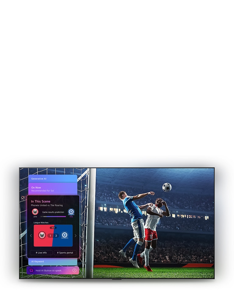 LG OLED evo AI G6 Sports Forecast by AI Concierge rāda tiešraides futbola spēli ar ekrānā redzamu mākslīgā intelekta paneli, kurā tiek parādītas prognozes, spēles ieskati un līgas dati, norādot, kā mākslīgais intelekts analizē spēles gaitu, lai prognozētu spēles rezultātus.