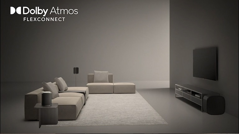 LG OLED evo AI G6 Sound Suite ar DAFC (Dolby Atmos FlexConnect) rāda plašu istabu, kurā TV un bezvadu skaļruņi ir brīvi izvietoti, nododot iespaidīgu Dolby Atmos audio, kas optimizēts elastīgam skaļruņu izvietojumam.