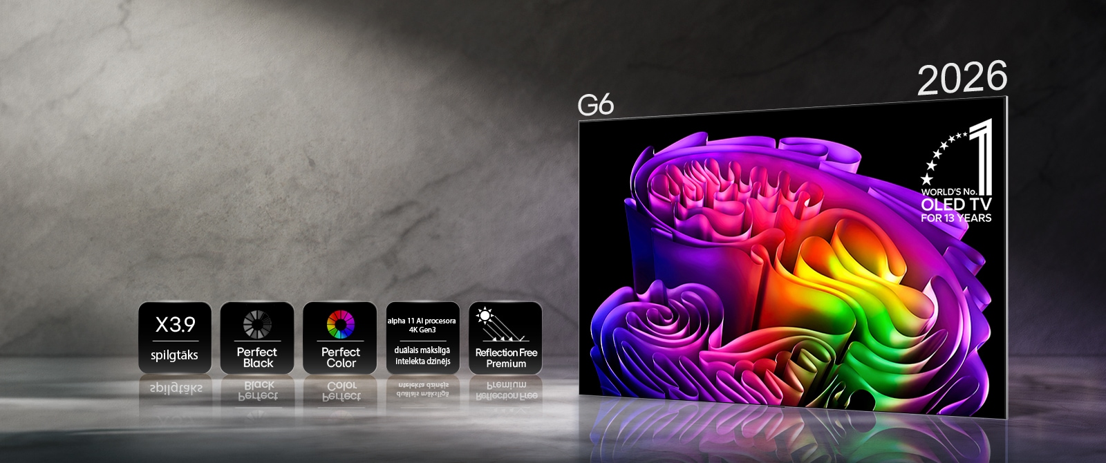 LG OLED evo AI G6, darbināts ar Hyper Radiant Color Tech, ekrānā attēlo spilgtu abstraktu papīra mākslas attēlu ar ikonām X 3,9 spilgtākam maksimālajam spilgtumam, izciliem melnajiem toņiem, izcilām krāsām, alpha 11 AI procesora 4K Gen3 duālajam mākslīgā intelekta dzinējam un pretatspīduma tehnoloģijai.