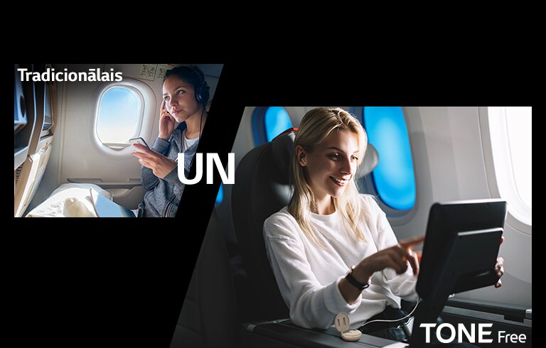 Aina parāda funkcijas ērtumu, salīdzinot TONE Free bezvadu savienojuma funkciju ar tradicionālo. Ainas attēlā redzams tradicionālās lidojumu izklaides sistēmas un TONE Free izmantošanas salīdzinājums&nbsp;— vienā gadījumā tiek izmantotas vadu austiņas, bet otrā TONE Free savienotas pārī, pieslēdzot futrāļa AUX vadu pie lidmašīnas izklaides ekrāna.