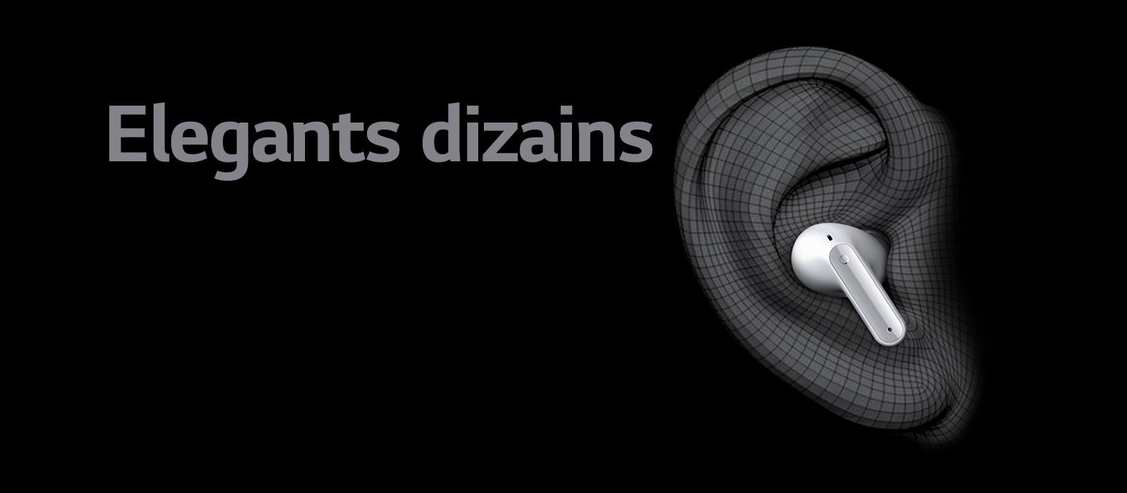 Attēlā redzamas TONE Free austiņas auss 3D modelī. Zem tā ir redzams uzraksts “Elegants dizains”.