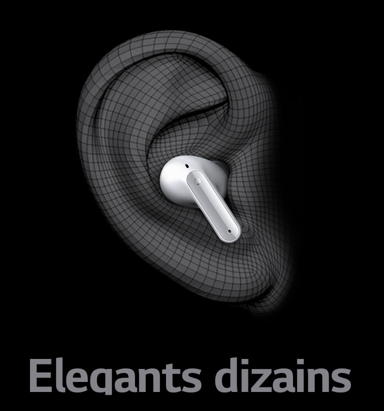 Attēlā redzamas TONE Free austiņas auss 3D modelī. Zem tā ir redzams uzraksts “Elegants dizains”.