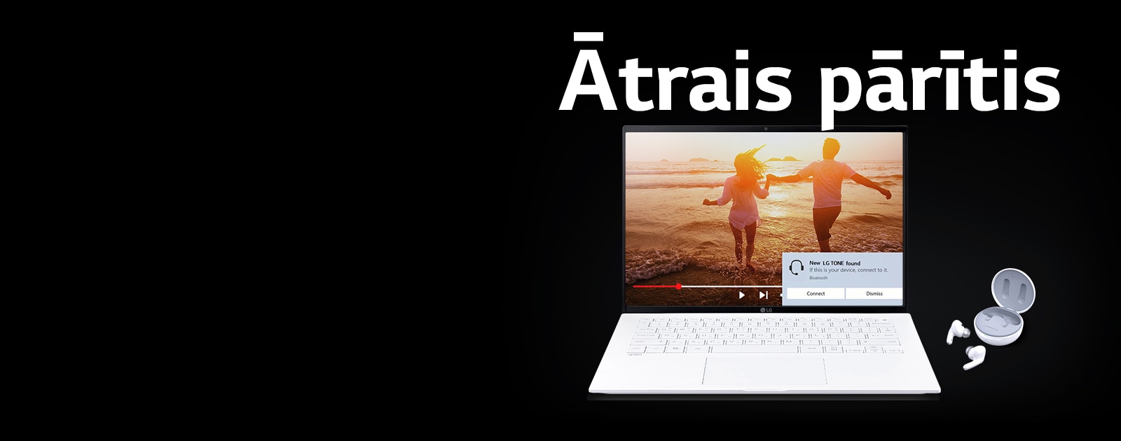 Attēlā redzams klēpjdators un TONE Free austiņas zem uzraksta “Ātrais pārītis”, un klēpjdatora ekrānā redzams paziņojums par savienošanu pārī.