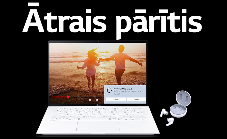 Attēlā redzams klēpjdators un TONE Free austiņas zem uzraksta “Ātrais pārītis”, un klēpjdatora ekrānā redzams paziņojums par savienošanu pārī.