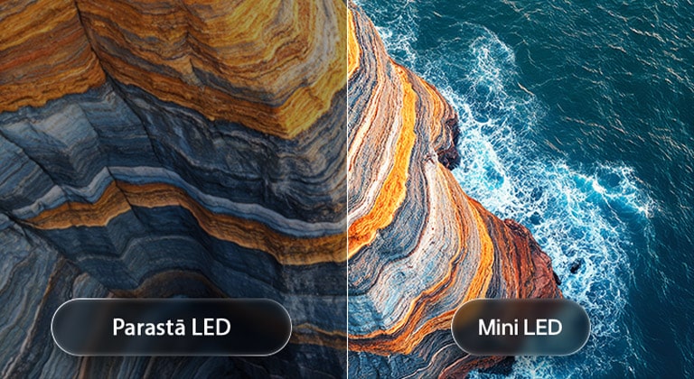 LG QNED evo AI QNED80 Mini LED izceļ, kā Mini LED atklāj asākas klints tekstūras un skaidrākas okeāna detaļas salīdzinājumā ar parasto LED piekrastes klints ainas sadalītajā skatā, nodrošinot dziļākus melnos toņus un izsmalcinātāku kontrastu lielākai skaidrībai un dziļumam.
