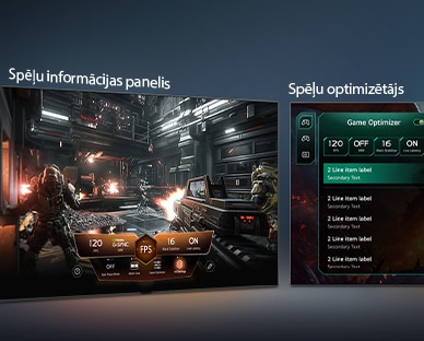 LG QNED evo AI QNED80 Mini LED ar spēļu informācijas paneli un optimizētāju rāda blakus novietotus spēļu ekrānus un ekrāna izvēlni spēles iestatījumu, piemēram, atsvaidzes intensitātes, latentuma un vizuālo režīmu, pielāgošanai reāllaikā.
