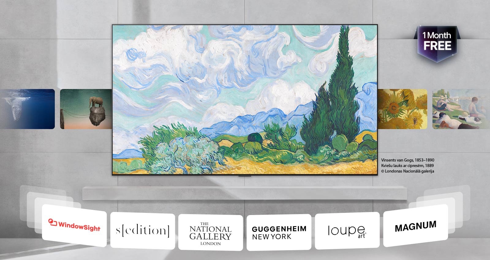 LG QNED evo AI QNED80 Mini LED ar LG Gallery+ rāda izsmalcinātus mākslas darbus mājas interjerā, demonstrējot mākslas darbus rotācijā, kā arī partnermuzeja atsauces un ziņojumu „1 mēnesis bez maksas". 