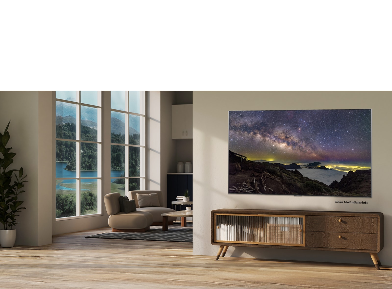 LG QNED evo AI QNED80 Mini LED ar LG Gallery+, piedāvājot daudzveidīgu mākslas saturu, rāda Babaka Tafrešī nakts debesu ainavu mūsdienīgā dzīvojamā telpā kā daļu no TV saskarnē piedāvātās izsmalcinātās mākslas pieredzes.