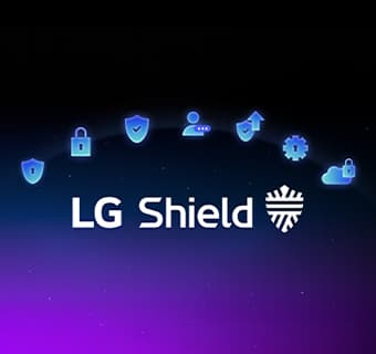 LG Shield emblēma redzama uz tumša fona ar drošības ikonām, uzsverot webOS aizsardzību privātumam, datu drošībai un sistēmas integritātei.