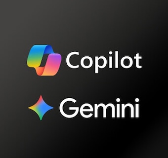 LG QNED evo AI QNED80 Mini LED ar godalgoto Multi AI webOS attēlots tumšā fonā ar Microsoft Copilot un Google Gemini logotipiem, norādot uz atbalstu mākslīgā intelekta pakalpojumiem, kas pieejami caur TV saskarni.