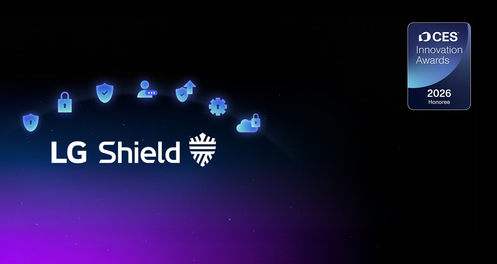 LG Shield emblēma redzama uz tumša fona ar drošības ikonām, uzsverot webOS aizsardzību privātumam, datu drošībai un sistēmas integritātei. Redzams arī CES Innovation Awards 2026 Honoree apbalvojums.