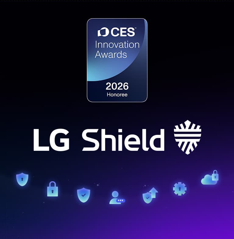 LG Shield emblēma redzama uz tumša fona ar drošības ikonām, uzsverot webOS aizsardzību privātumam, datu drošībai un sistēmas integritātei. Redzams arī CES Innovation Awards 2026 Honoree apbalvojums.