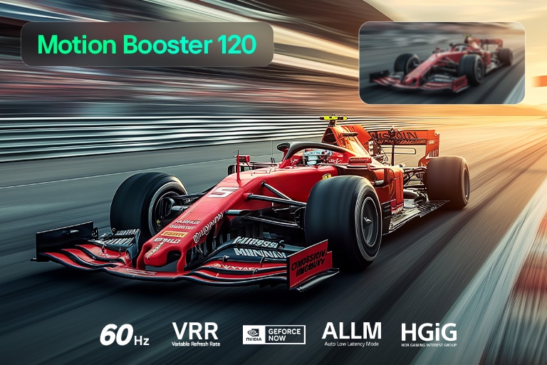 LG QNED evo AI QNED80 Mini LED Ultimate Gameplay rāda ātrgaitas sacīkšu ainu ar salīdzinājumu, izceļot vienmērīgāku kustību, izmantojot Motion Booster 120, un vienlaikus atbalstot 60Hz, VRR, ALLM, HGiG un GeForce NOW.
