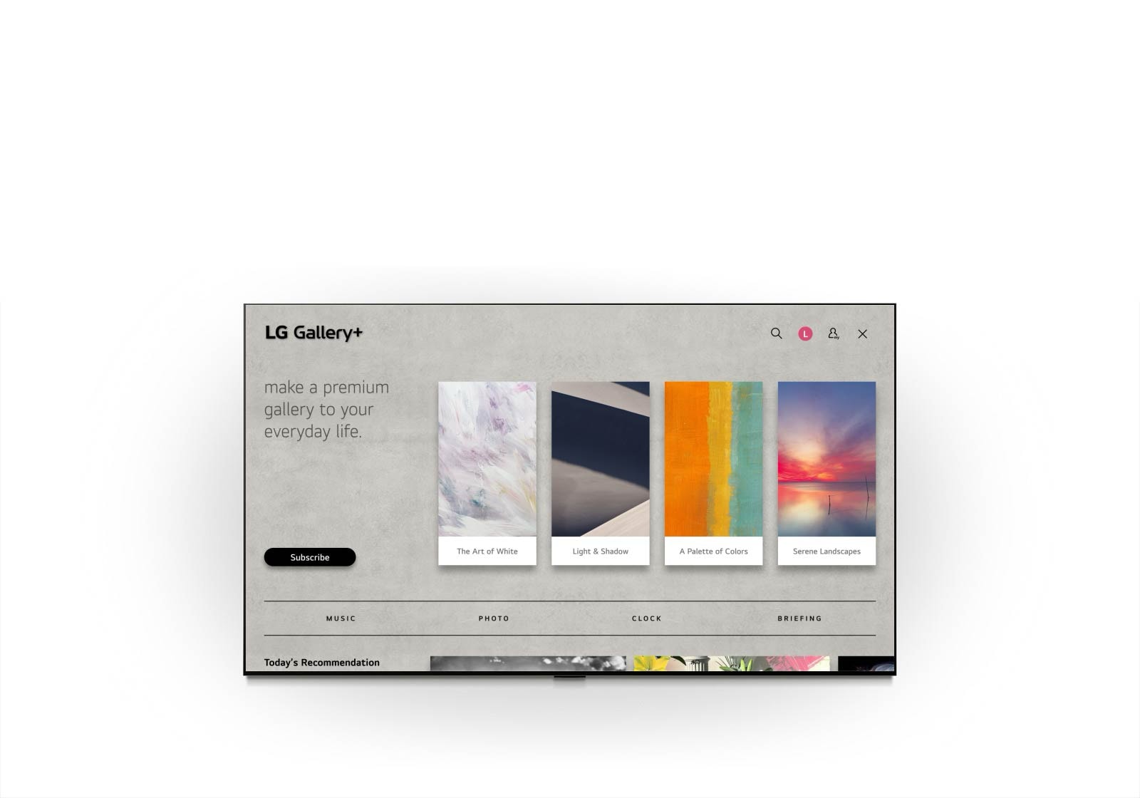 LG QNED evo AI QNED80 Mini LED rāda LG Gallery+ pelēko saskarni ar mūzikas un tēmu atlases izvēlni, pārejot no preferenču atlases uz jūsu albuma izveidi un parādot pielāgotus mākslas darbus. 