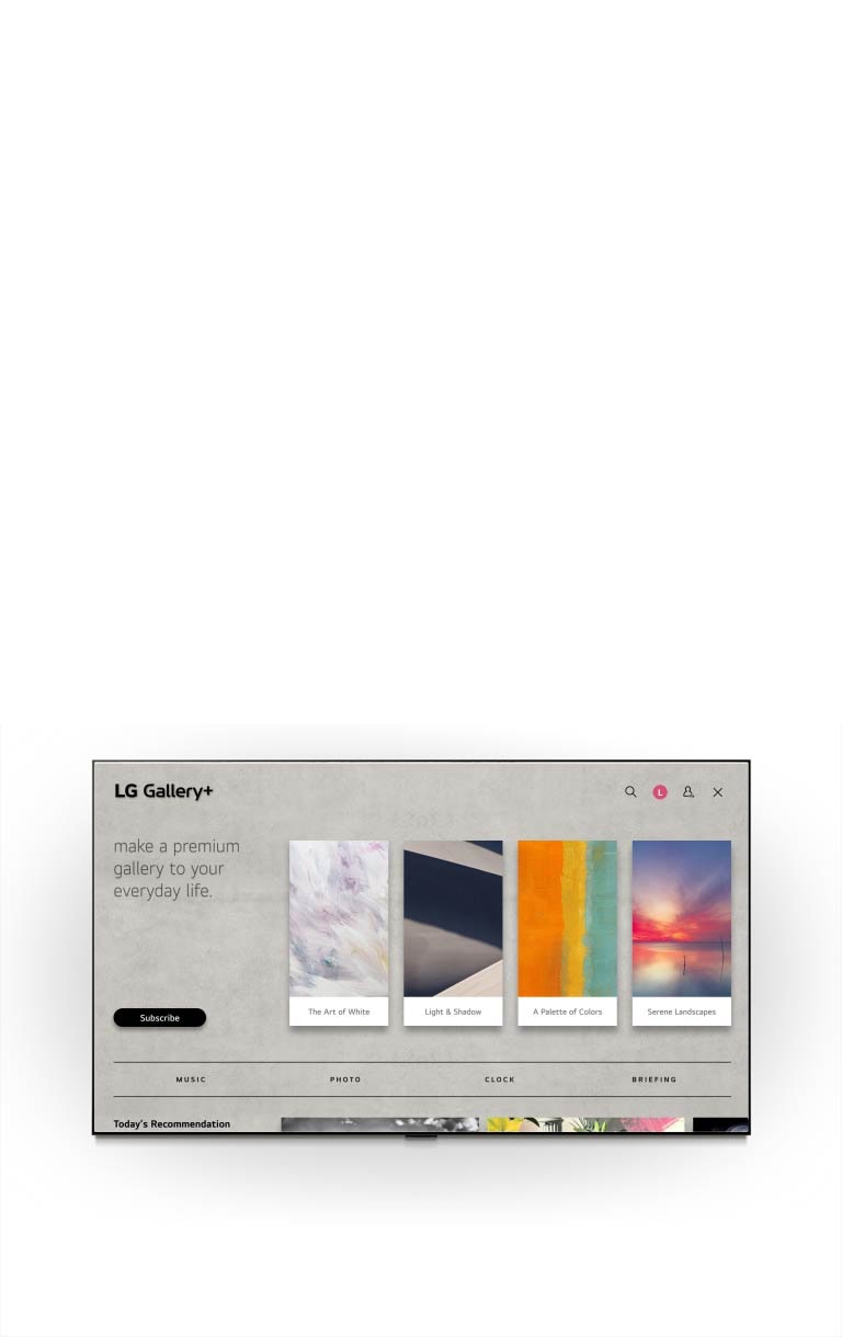 LG QNED evo AI QNED80 Mini LED rāda LG Gallery+ pelēko saskarni ar mūzikas un tēmu atlases izvēlni, pārejot no preferenču atlases uz jūsu albuma izveidi un parādot pielāgotus mākslas darbus. 