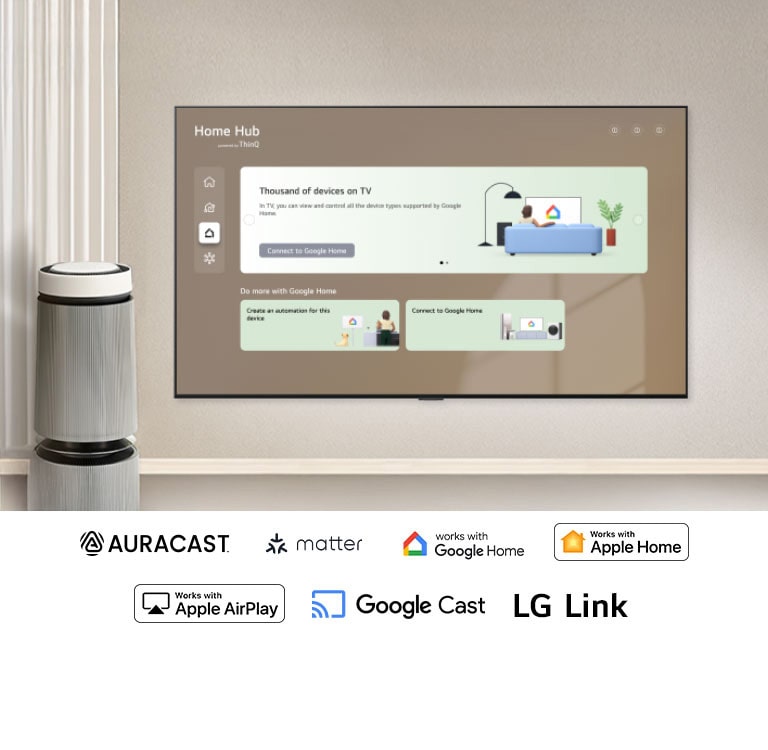 LG QNED evo AI QNED80 Mini LED ar Smart Connectivity ekrānā rāda Home Hub saskarni, kurā redzami savienojumi ar Google Home un LG ThinQ, kā arī TV, ierīču un lietotņu paneļi vienā vadības izkārtojumā. 