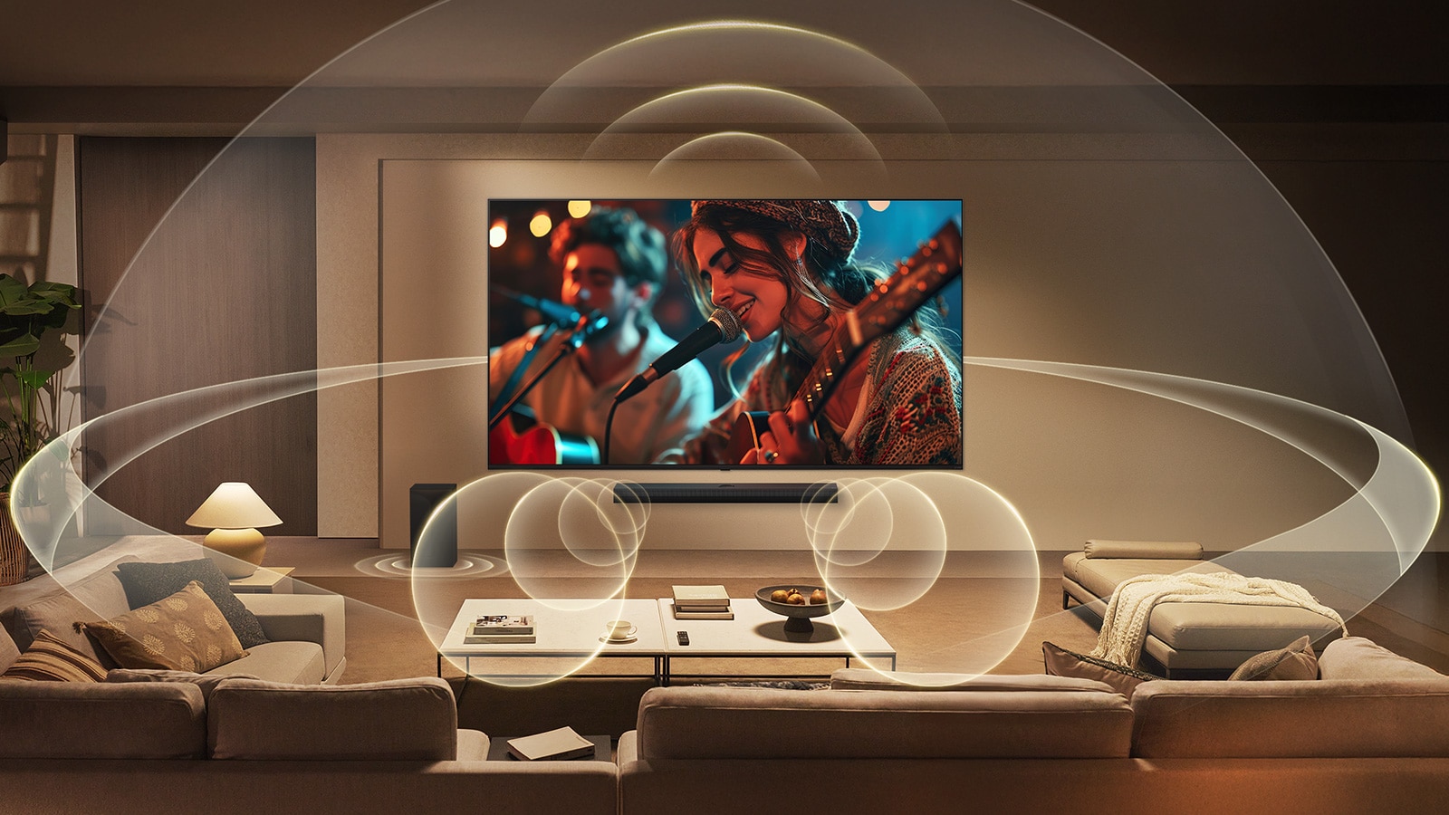 LG QNED evo AI QNED80 Mini LED ar WOW Orchestra rāda muzikantus, kas uzstājas ekrānā, kamēr daudzslāņu skaņas viļņi no TV un Soundbar zemāk piepilda viesistabu, radot sinhronizētu telpiskās skaņas pieredzi.