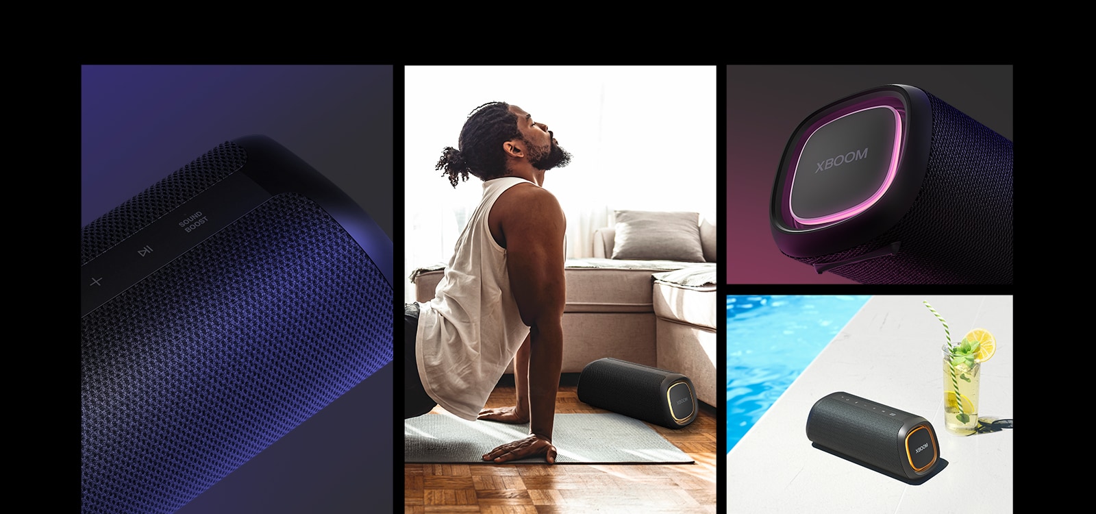 Koledža. No kreisās puses tuvplāna skats uz LG XBOOM Go XG7. Tālāk attēls ar vīrieti, kas veic jogas vingrinājumus. Labajā pusē no augšas uz leju: skaļruņa tuvplāns ar rozā apgaismojumu un divām dzēriena glāzēm.