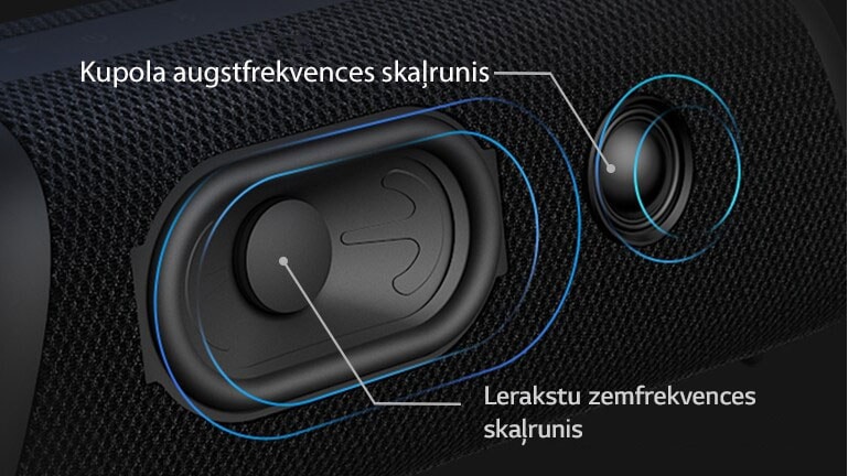Diagonālais skats LG XBOOM Go XG7, kas parāda tā ierakstu tipa zemfrekvences skaļruni un kupola augstfrekvences skaļruni.