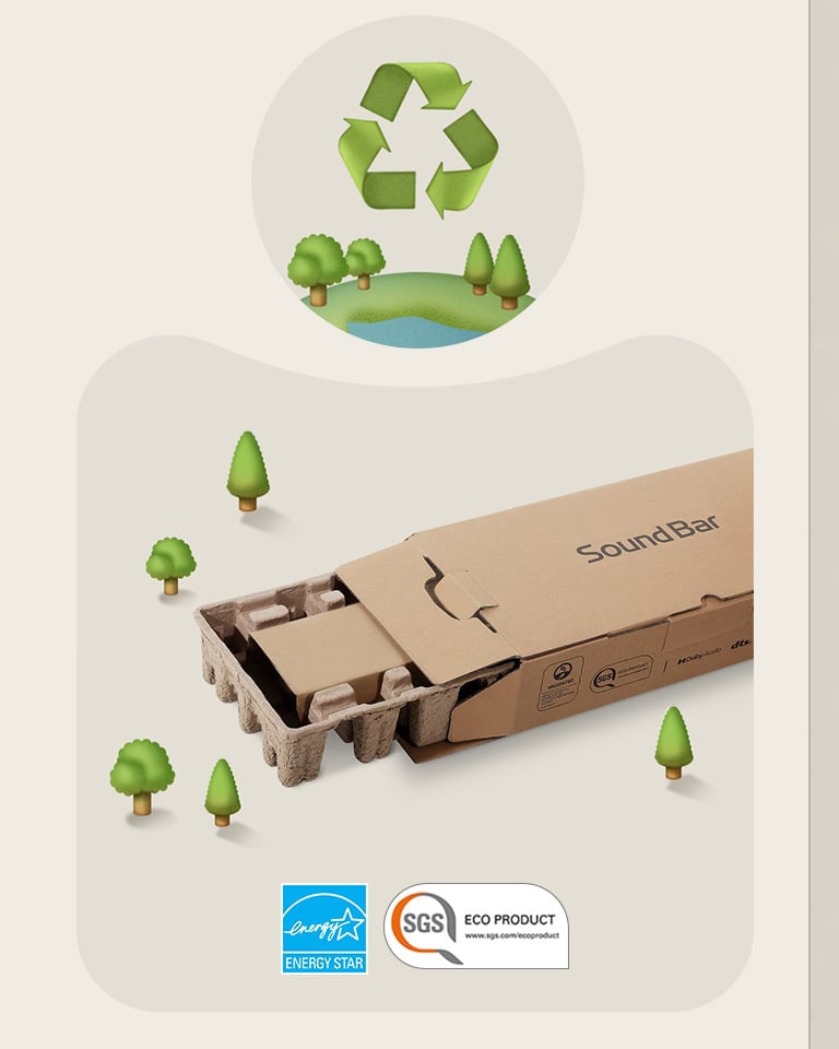 LG Soundbar iepakojums uz bēša fona ar ilustrētiem kokiem.   Energy Star logotips SGS Eco Product logotips