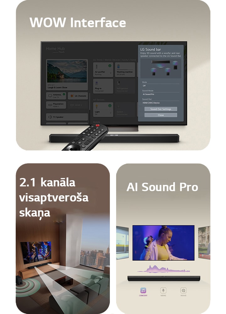LG pults rāda uz LG TV ar LG Soundbar apakšā. LG TV ekrānā parādīta WOW Interface izvēlne.  LG Soundbar, LG TV un pastiprinātājs dzīvojamajā istabā, ekrānā rādot un pārraidot muzikālu uzvedumu. Balto skaļas viļņu divi atzarojumi, ko veido pilieni, tiek projicēti no Soundbar un pastiprinātāja, no apakšas izveidojot skaņas efektu.  LG Soundbar ar trīs dažādiem televizoru ekrāniem virs tā. Vienā tiek parādīta filma, vienā tiek parādīts koncerts un vienā tiek pārraidītas ziņas. Zem Soundbar parādītas ikonas attiecībā uz katru žanru.