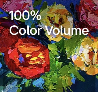LG Gallery TV AI with frame LX7 ART TV Dynamic QNED Color parāda tuvplānu ar bagātīgi fakturētu gleznu, kurā pastiprināti sarkanie, dzeltenie un zaļie toņi izceļ tā 100&nbsp;% krāsu apjomu, piešķirot mākslai dzīvīgumu.
