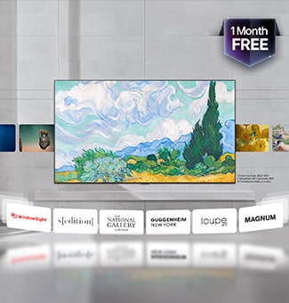 LG Gallery TV AI with frame LX7 ART TV LG Gallery+ demonstrē izsmalcinātu mākslas darbu klāstu, ietverot Vinsenta van Goga darbu „Kviešu lauks ar cipresēm