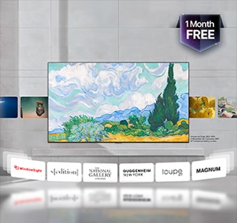 LG Gallery TV AI with frame LX7 ART TV LG Gallery+ demonstrē izsmalcinātu mākslas darbu klāstu, ietverot Vinsenta van Goga darbu „Kviešu lauks ar cipresēm