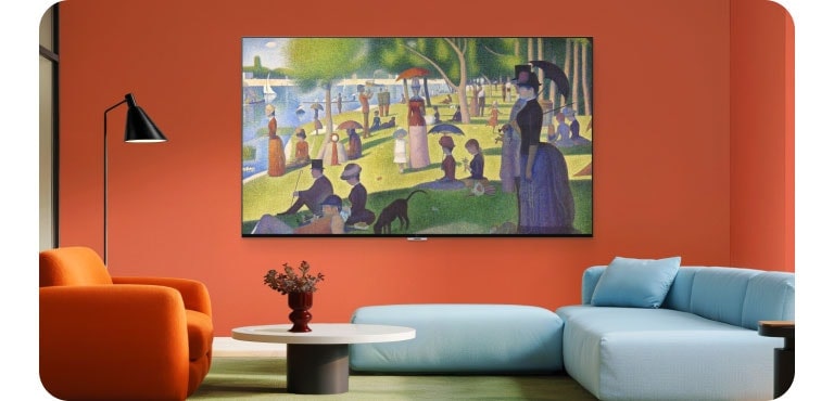 LG Gallery TV AI with frame LX7 ART TV ar galerijas dizainu un pievienojamo rāmi Attachable Frame pāriet no sarkanas sienas ar Warm Walnut rāmi uz baltu sienu ar Snow White rāmi, parādot, kā tas efektīvi iekļaujas jebkura istabas stilā.